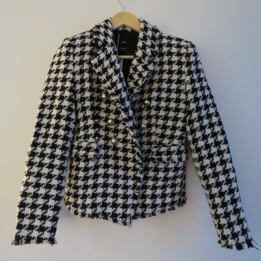 MANGO Houndstooth Wool Blend Frayed Hem Blazer Academia Black White - Size S NWT - Picture 3 of 14
